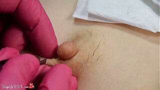 Man Beautician Plucks Thorn on Nipples of Girl on Depilation and Massaging Tits In Red Latex Gloves